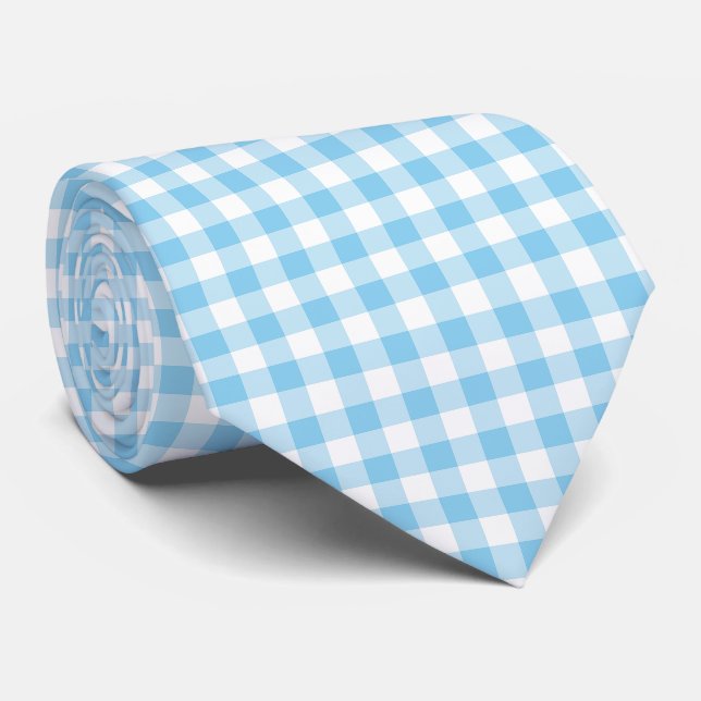Baby Blue and White Large Size Gingham Checks Neck Tie (Rolled)