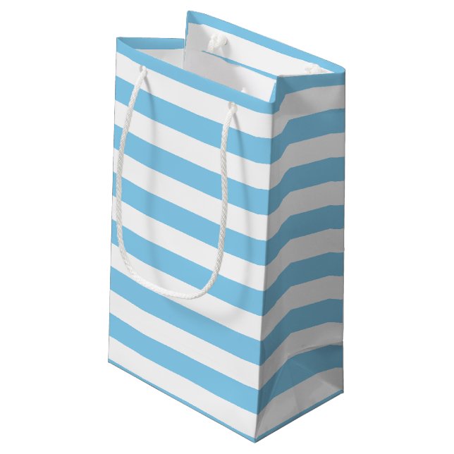Baby Blue and White Large Size Horizontal Stripes Small Gift Bag (Back Angled)