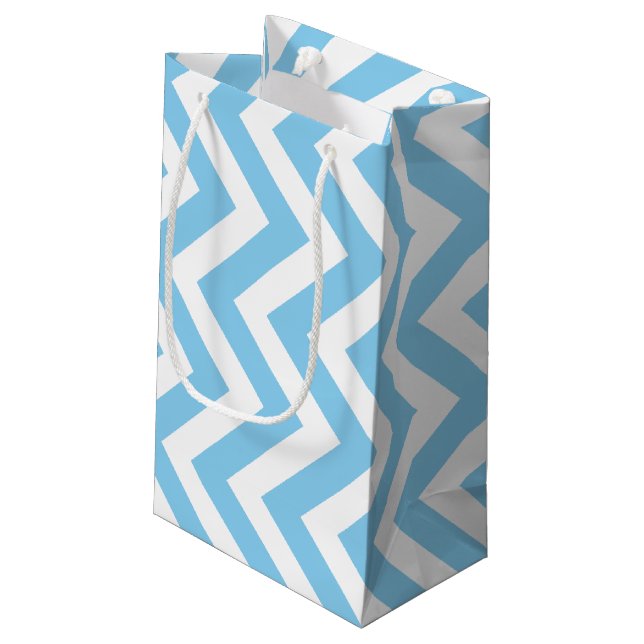 Baby Blue and White Large Size Vertical Chevron Small Gift Bag (Back Angled)