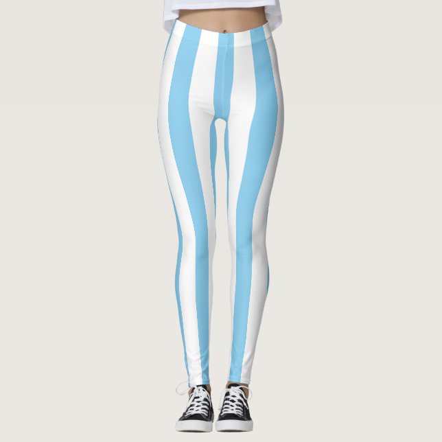 Baby Blue and White Large Size Vertical Stripes Leggings (Front)
