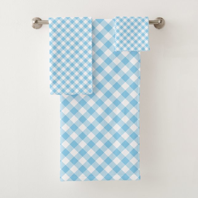 Baby Blue and White Medium Diagonal Gingham Checks Bath Towel Set (Insitu)