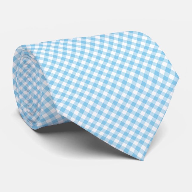 Baby Blue and White Medium Diagonal Gingham Checks Neck Tie (Rolled)