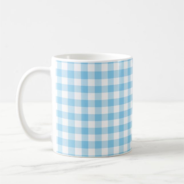 Baby Blue and White Medium Size Gingham Checks Coffee Mug (Left)