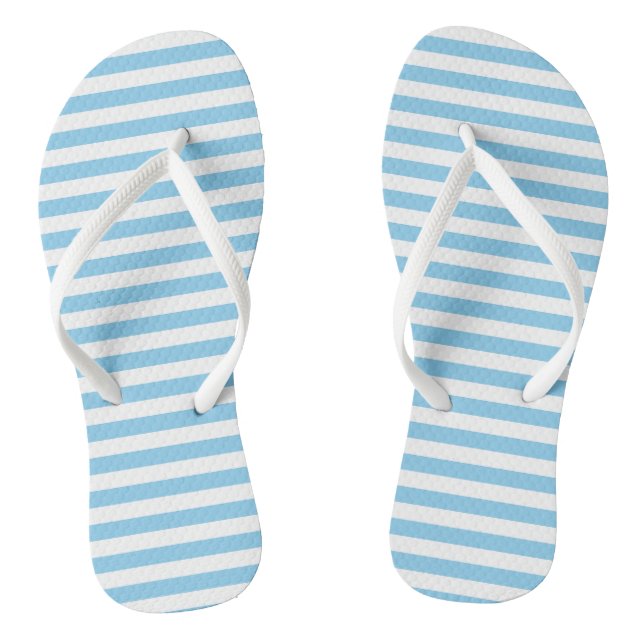 Baby Blue and White Medium Size Horizontal Stripes Flip Flops (Footbed)