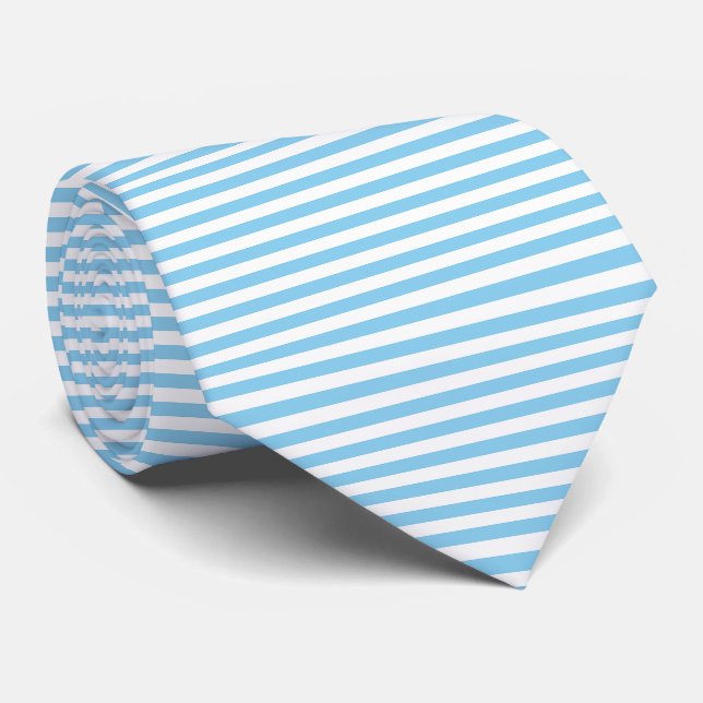 Baby Blue and White Medium Size Horizontal Stripes Neck Tie (Rolled)