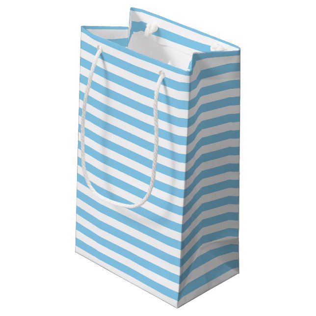 Baby Blue and White Medium Size Horizontal Stripes Small Gift Bag (Back Angled)