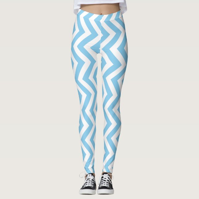 Baby Blue and White Medium Size Vertical Chevron Leggings (Front)