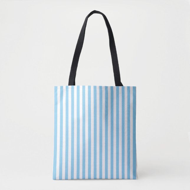 Baby Blue and White Medium Vert. Stripes Pattern Tote Bag (Front)