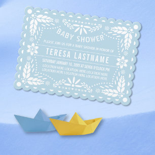 Baby blue and white papel picado baby boy shower invitation