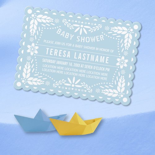 Baby blue and white papel picado baby shower invitation