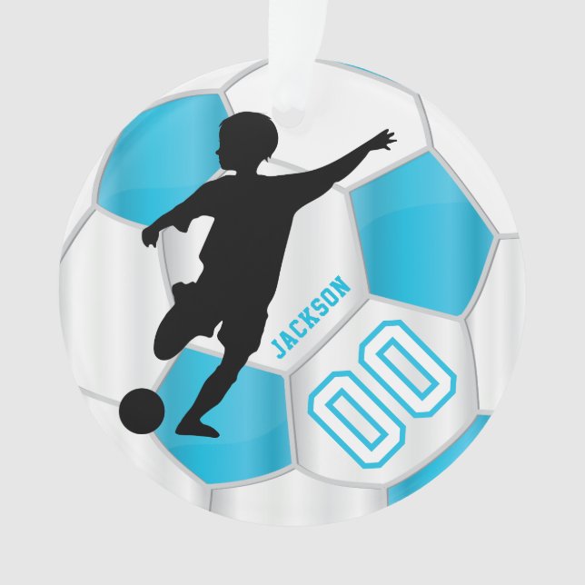 Baby Blue and White Personalize Boy Soccer Player Ornament (Front)