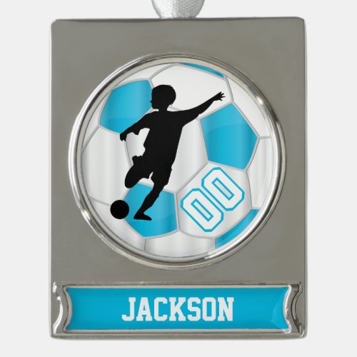 Baby Blue and White Personalize Boy Soccer Player Silver Plated Banner Ornament