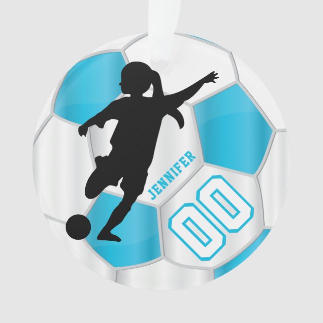 Baby Blue and White Personalize Girl Soccer Player Ornament (Front)