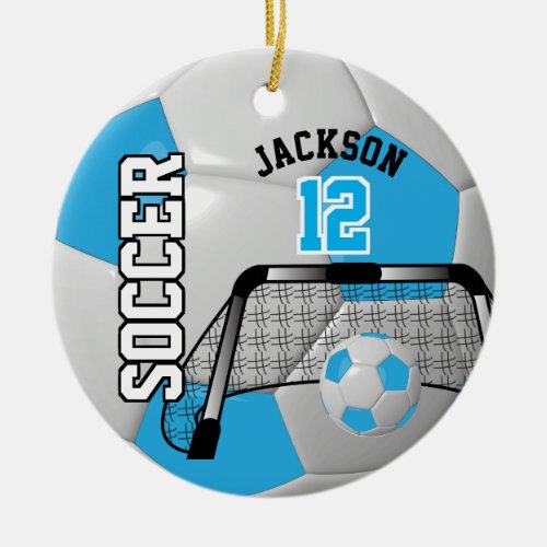 âšBaby Blue and White Personalize Soccer Ball Ceramic Ornament