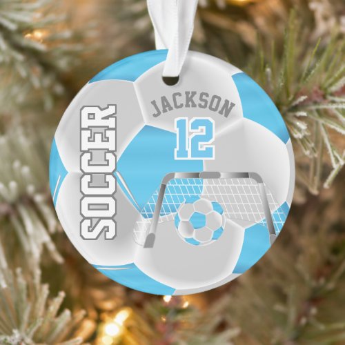 Baby Blue and White Personalize âš Soccer Ball Ornament
