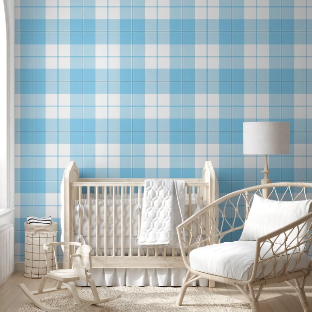 Baby blue and white plaid pattern wallpaper  (Kids)