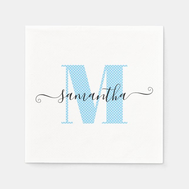 Baby Blue and White Polka Dot Monogram Napkins (Front)