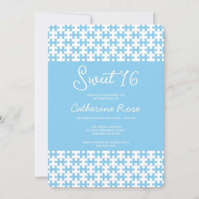 Baby Blue And White Puzzle Checkered Sweet 16 Invitation (Front)