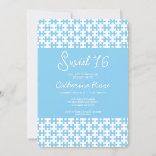 Baby Blue And White Puzzle Checkered Sweet 16 Invitation