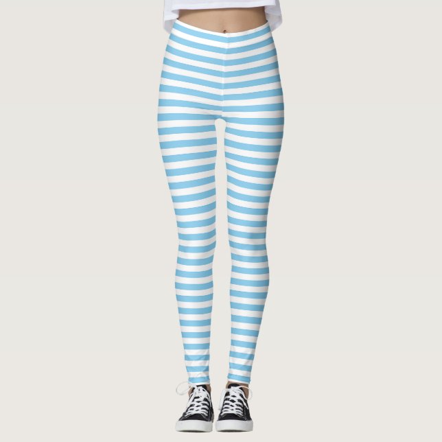 Baby Blue and White Small Size Horizontal Stripes Leggings (Front)