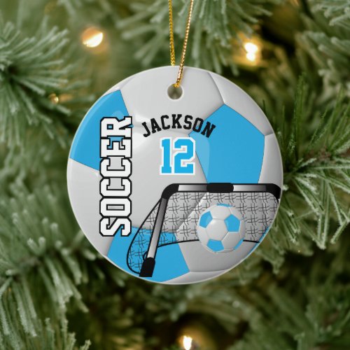 Baby Blue and White Soccer Ball Ceramic Ornament