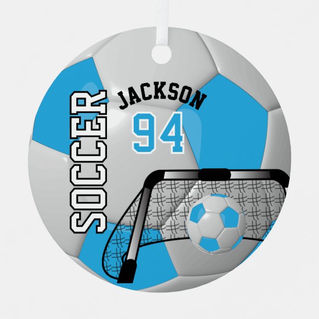 Baby Blue and White Soccer Ball Metal Ornament (Front)