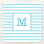 Baby Blue and White Stripes Custom Monogram Square Paper Coaster<br><div class="desc">Cute girly simple modern baby blue and white stripped coaster with your custom monogram name or initials,  for your next special birthday party,  baby shower or wedding! Made with paper. Customize it with your favorite font and color to make it your one and only happy coaster!</div>