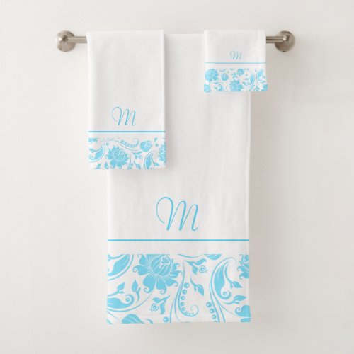 Baby_blue and white vintage damasks monogram bath towel set
