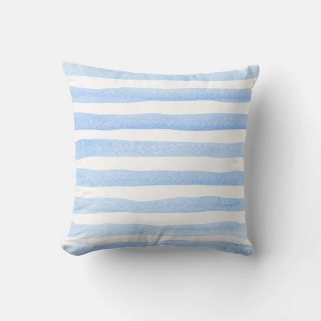 Baby Blue and White Watercolor Horizontal Striped Throw Pillow (Front)