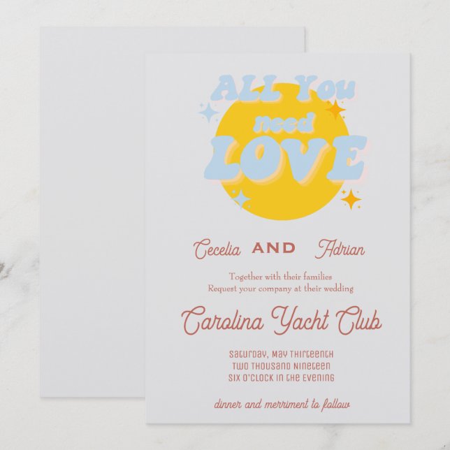 Baby Blue and Yellow Retro Wedding Invitation (Front/Back)