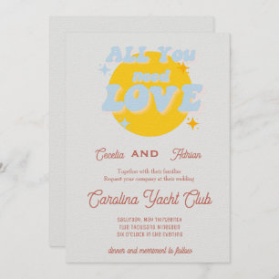 Baby Blue and Yellow Retro Wedding Invitation