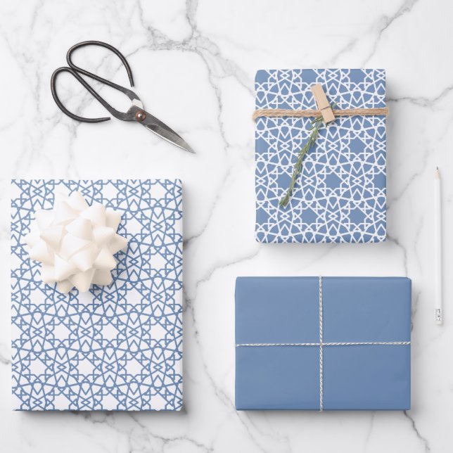Baby Blue Arabesque Pattern Design Wrapping Paper Sheets (Front)