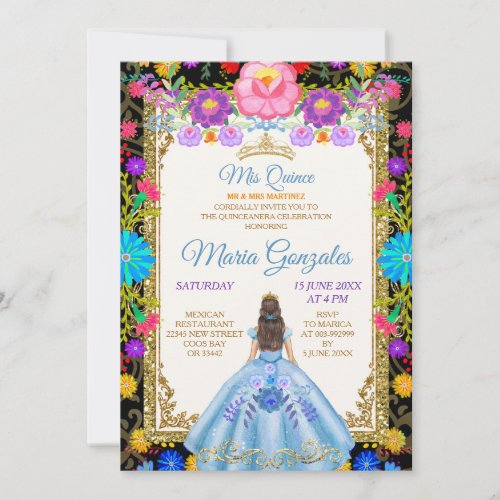 Baby Blue Background Mexican Mis Quince Invitation