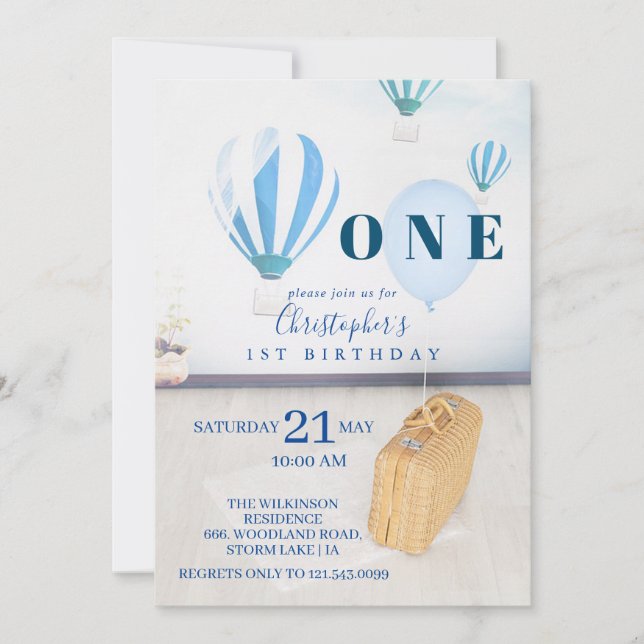 Baby Blue Balloons 1st Birthday Invitation (Front)