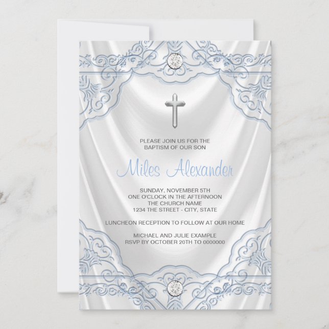 Baby Blue Baptism Christening White Satin Invitation (Front)