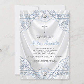 Baby Blue Baptism Christening White Satin Invitation