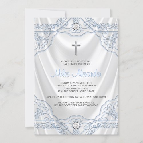 Baby Blue Baptism Christening White Satin Invitation