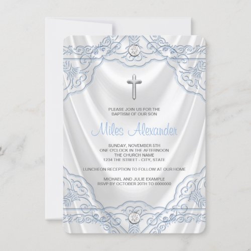 Baby Blue Baptism Christening White Satin Invitation