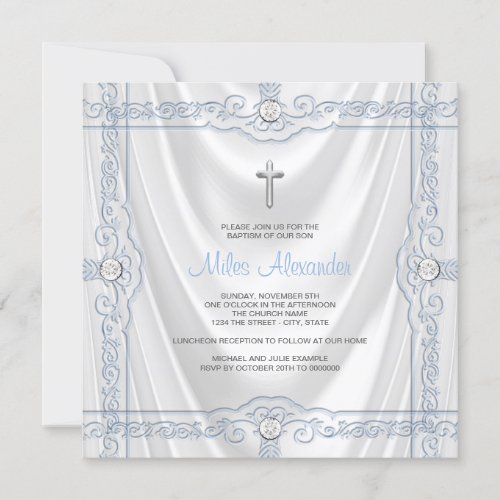 Baby Blue Baptism Christening White Satin Invitation