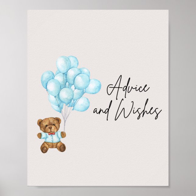 Baby Blue Bear Baby Shower Advice & Wishes Poster (Front)