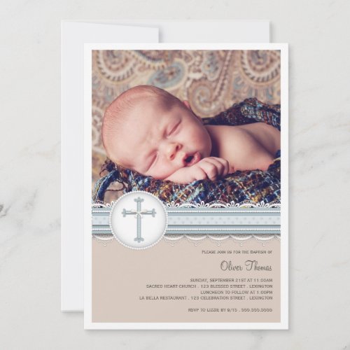 Baby Blue | Beige Photo Christening Invitation