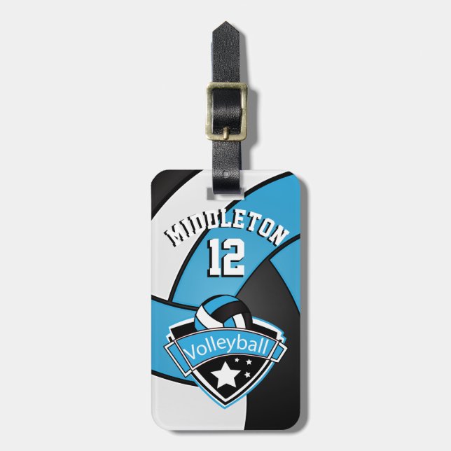 Baby Blue, Black and White Sporty Volleyball 🏐 Luggage Tag (Front Vertical)