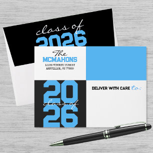 Baby Blue, Black Color Block Return Address Grad Envelope