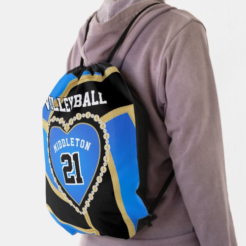 Baby Blue Black  Gold _ Love Volleyball  Drawstring Bag