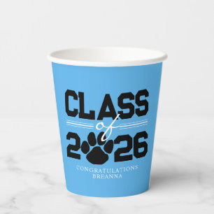 Baby Blue & Black Pawprint Class Year Graduation Paper Cups