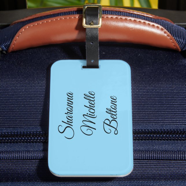 Baby Blue & Black Standout Luggage Tag (Front Insitu 2)