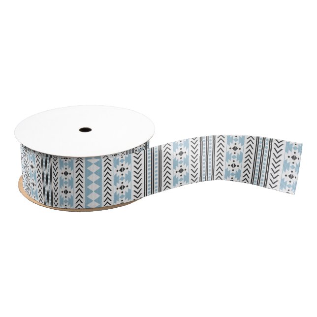Baby Blue ,Black White Aztec Tribal Print Grosgrain Ribbon (Spool)