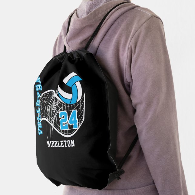 Baby Blue, Black & White Volleyball Drawstring Bag (Insitu)