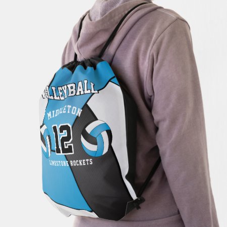 Baby Blue, Black & White Volleyball Sport Drawstring Bag