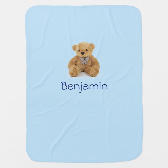 Baby blue blanket with teddy bear (Front)